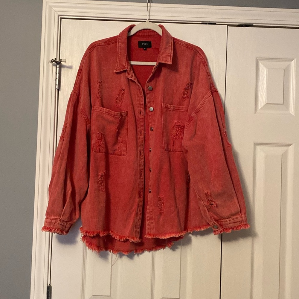 Vici Distressed Oversized Red Jean Jacket